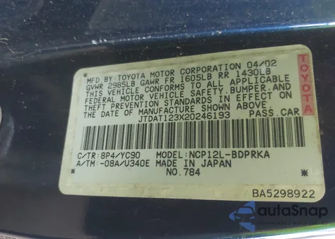 2002 Toyota Echo z USA, uszkodzony, nr VIN JTDAT123X20246193